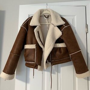 Vigoss Brown Suede Shearling Bomber Jacket with Cream Lining